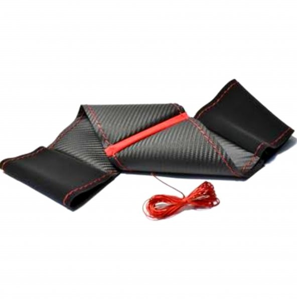 Universal Oto Kırmızı Yüzüklü Alcantara Karbon Oto Dikmeli Direksiyon Kılıfı Nubuk Karbon - 2