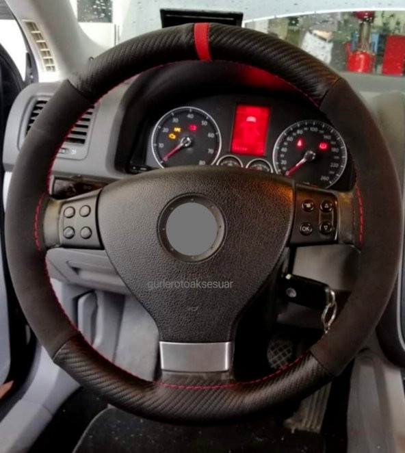 Universal Oto Kırmızı Yüzüklü Alcantara Karbon Oto Dikmeli Direksiyon Kılıfı Nubuk Karbon - 3