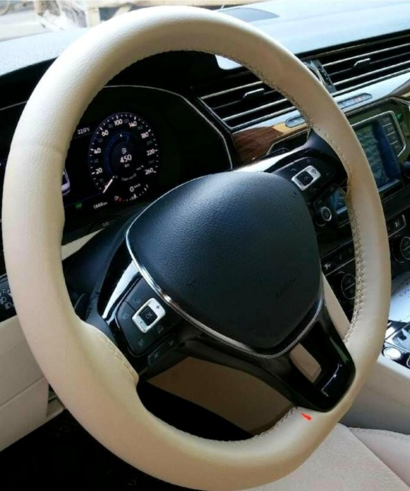 Vw Passat B8 Uyumlu Dikmeli Deri Direksiyon Kılıfı Esnek Kokusuz Bej Renk