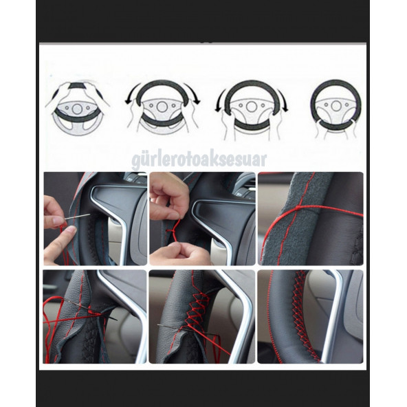 Universal Deri Direksiyon Kılıfı Dikmeli Soft Siyah Deri-Gri İpli (38CM-10.5CM) - Resim 4