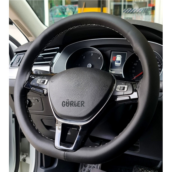 Universal Deri Direksiyon Kılıfı Dikmeli Soft Siyah Gri İpli (38CM-11.CM) - Resim 2