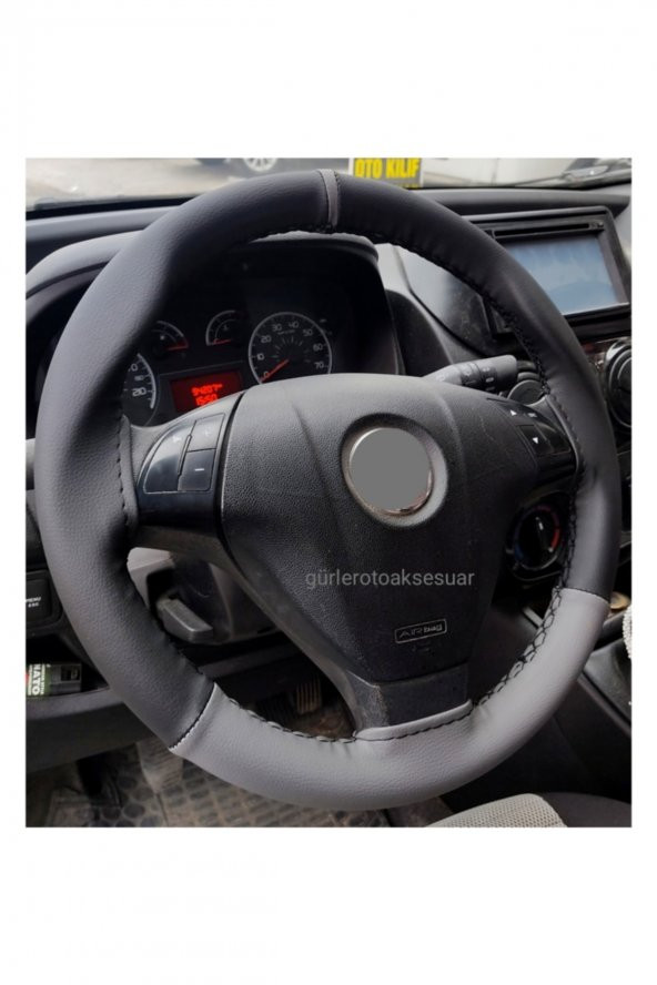 Renault Symbol 2013+ Uyumlu Direksiyon Kılıfı Dikmeli Iki Renkli Yüzüklü Gri-siyah