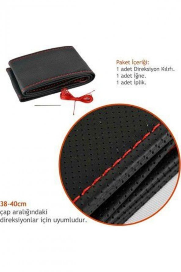 Renault Clio Symbol 2013+ Uyumlu Dikmeli Direksiyon Kılıfı Noktalı Kırmızı Ipli 11cm - Resim 2