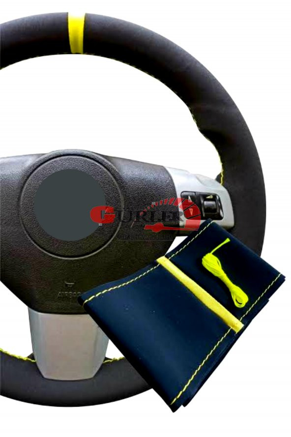 Toyota Corolla 2002-2006 Uyumlu Alkantara Nubuk Dikmeli Direksiyon Kılıfı Sarı Yüzüklü