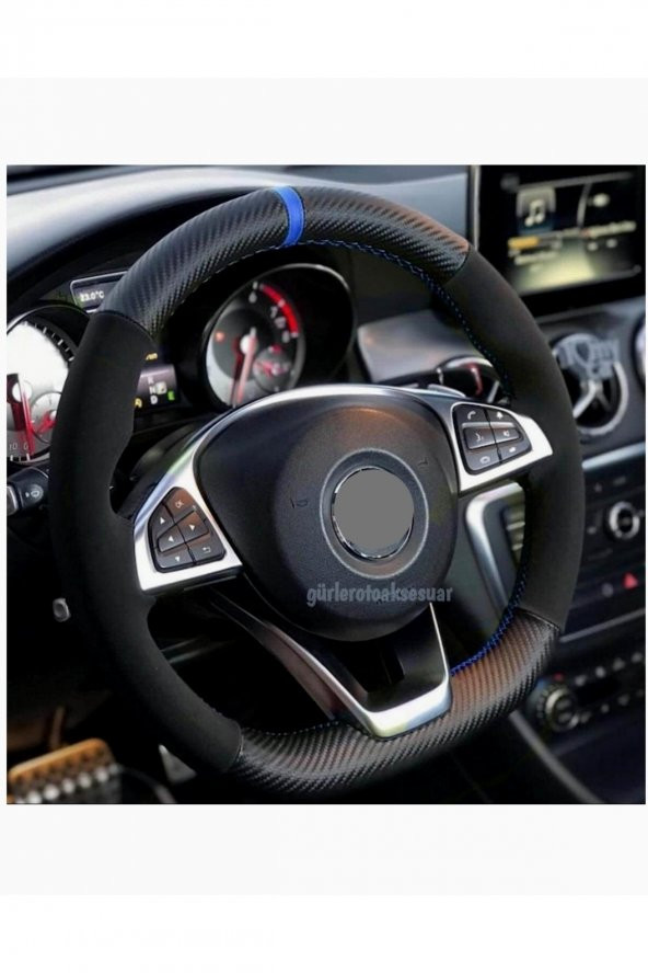 Opel Corsa D-e Uyumlu Dikmeli Deri Direksiyon Kılıfı Alkantara-karbon Mavi Yüzüklü ürün görseli 1
