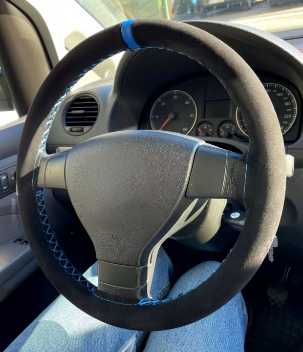 VW Tiguan Uyumlu Dikmeli Direksiyon Kılıfı Alkantra Mavi Yüzüklü