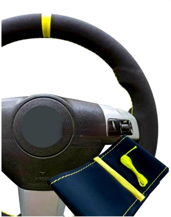 VW Bora Uyumlu Dikmeli Direksiyon Kılıfı Alkantra Sarı Yüzüklü ürün görseli 1