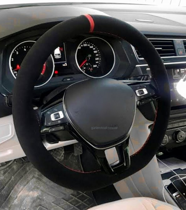 Vw Tiguan Uyumlu Dikmeli Direksiyon Kılıfı Alkantara Kırmızı Yüzüklü ürün görseli 1