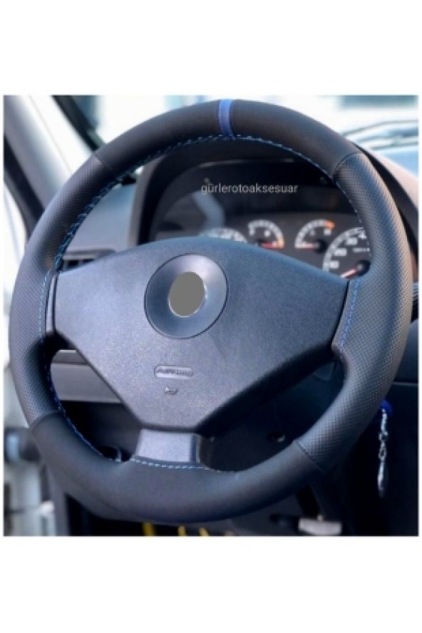 Fiat Punto Uyumlu Deri Direksiyon Kılıfı Alkantara-Noktalı Mavi Yüzüklü