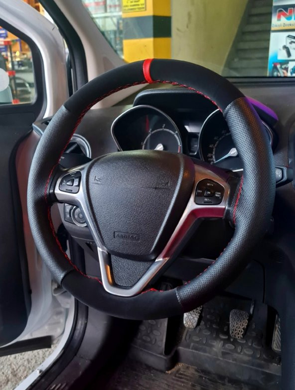 Ford Fiesta Uyumlu Kırmızı Yüzüklü Delikli- Alkantara Deri Direksiyon Kılıfı