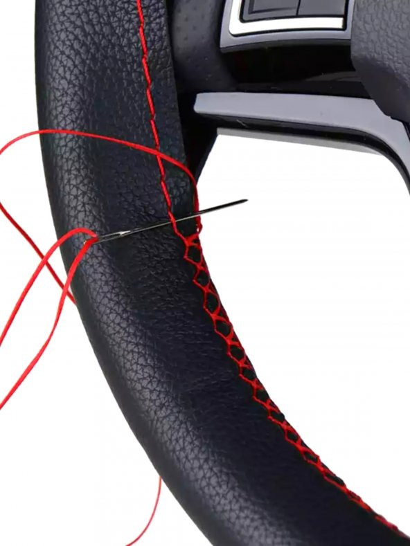 Ford Focus 4 Uyumlu Kırmızı İpli Deri Dikmeli Direksiyon Kılıfı (38-10.5cm) - Resim 2