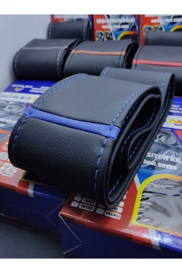 Universal Dikmeli Deri Direksiyon Kılıfı Mavi Yüzük Model Soft Esnek Kokusuz Standart Ölçü - 2