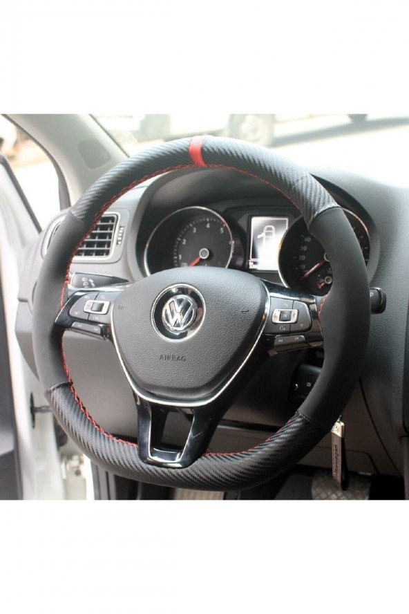 Volkswagen Golf 7 Uyumlu Dikmeli Direksiyon Kılıfı Karbon Desenli Alkantara Kımızı Yüzük