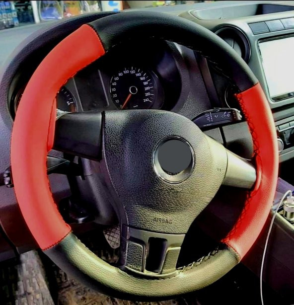Vw Passat B8 Uyumlu Deri Direksiyon Kılıfı Iki Renkli Kırmızı-siyah ürün görseli 1