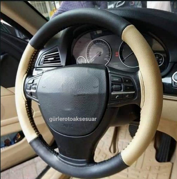 Bmw Uyumlu Deri Dikmeli Direksiyon Kılıfı Bej Siyah 4parçalı ürün görseli 1