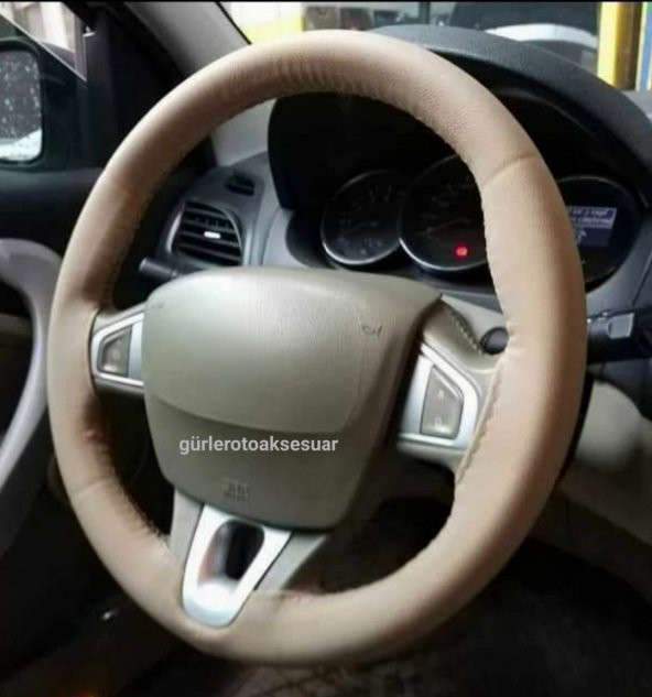 Renault Megane 3 Uyumlu Deri Dikmeli Direksiyon Kılıfı Bej Renk 38×10.5CM