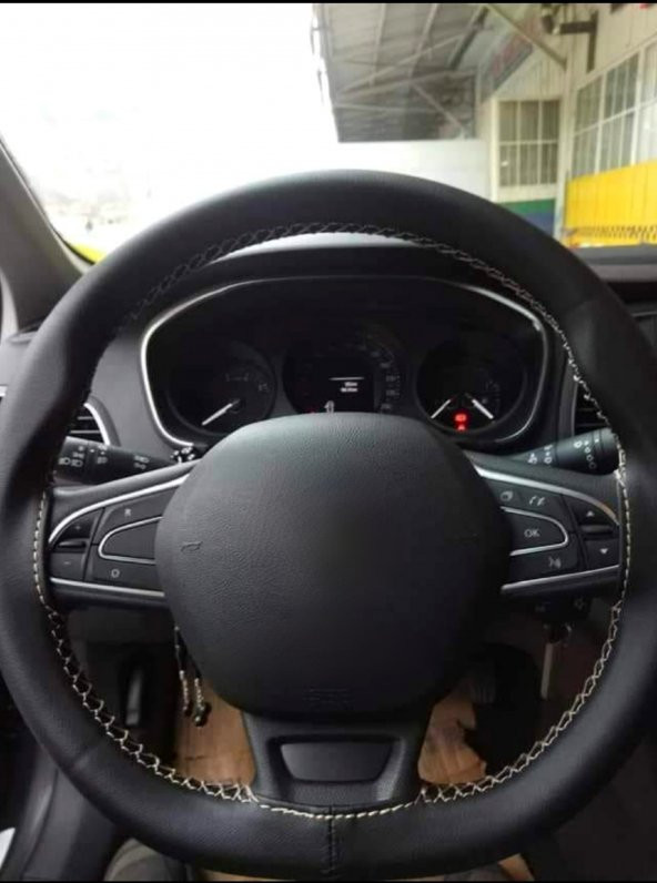 Renault Symbol 3 2013+ Uyumlu Deri Dikmeli Direksiyon Kılıfı Bej İpli 38×11CM - 2