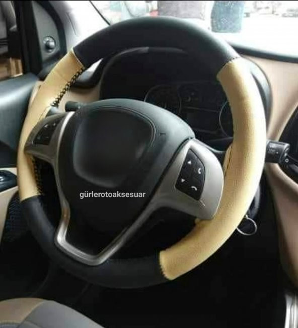 Skoda Octavia Uyumlu Deri Dikmeli Direksiyon Kılıfı Bej Siyah 4parçalı - 3