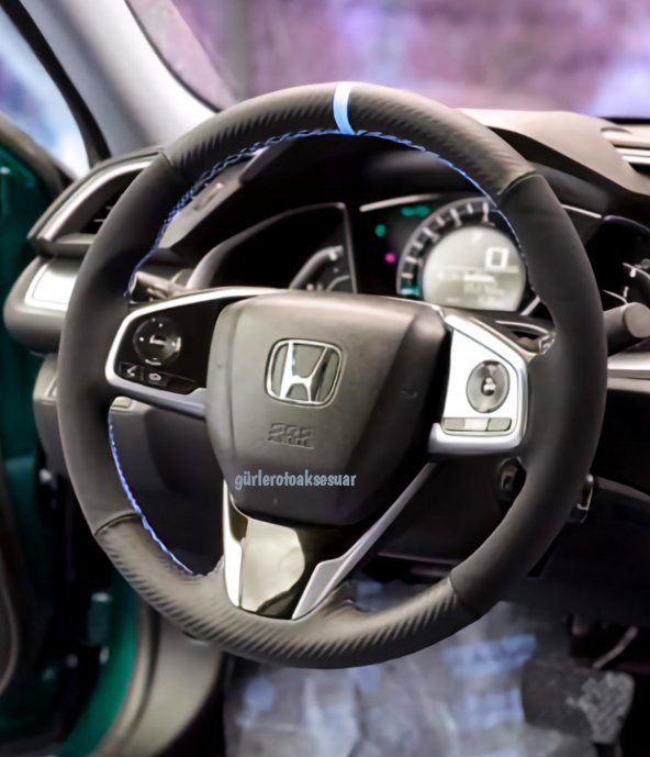 Honda Cıvıc Uyumlu Alkantara Karbon Dikmeli Deri Direksiyon Kılıfı Mavi Yüzüklü - Resim 3