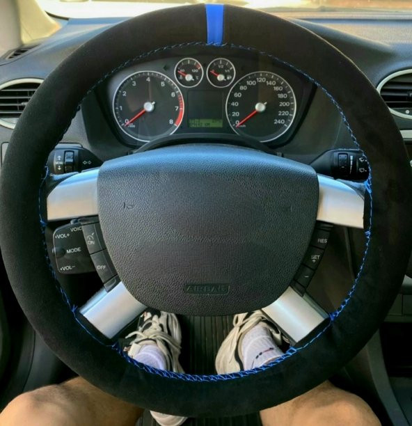 Ford Connect Uyumlu Dikmeli Direksiyon Kılıfı Alkantra Mavi Yüzüklü ürün görseli