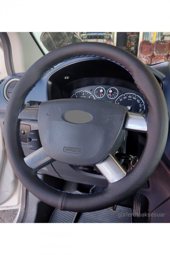 Ford Connect Uyumlu Direksiyon Kılıfı Dikmeli Delikli Mavi Ipli (10,5cm) - 2