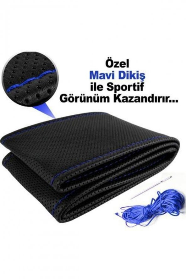 Renault Clio Symbol 2013+ Uyumlu Dikmeli Direksiyon Kılıfı Noktalı Mavi Ipli 11cm ürün görseli 1