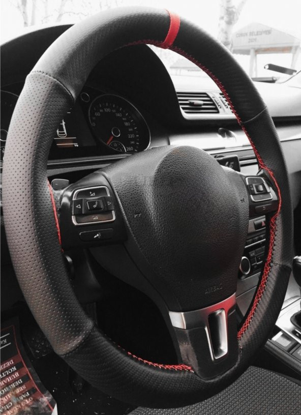 Vw Passat Uyumlu Carbon dikmeli deri direksiyon kılıfı noktalı karbon kırmızı ipli ürün görseli 1