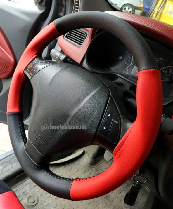 Fiat Linea Uyumlu Direksiyon Kılıfı Dikmeli İki Renkli Kırmızı Siyah ürün görseli