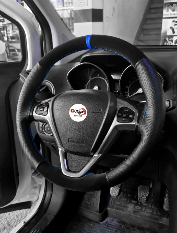 Fiat Palio Uyumlu Direksiyon Kılıfı Alkantra Delikli Mavi Yüzüklü