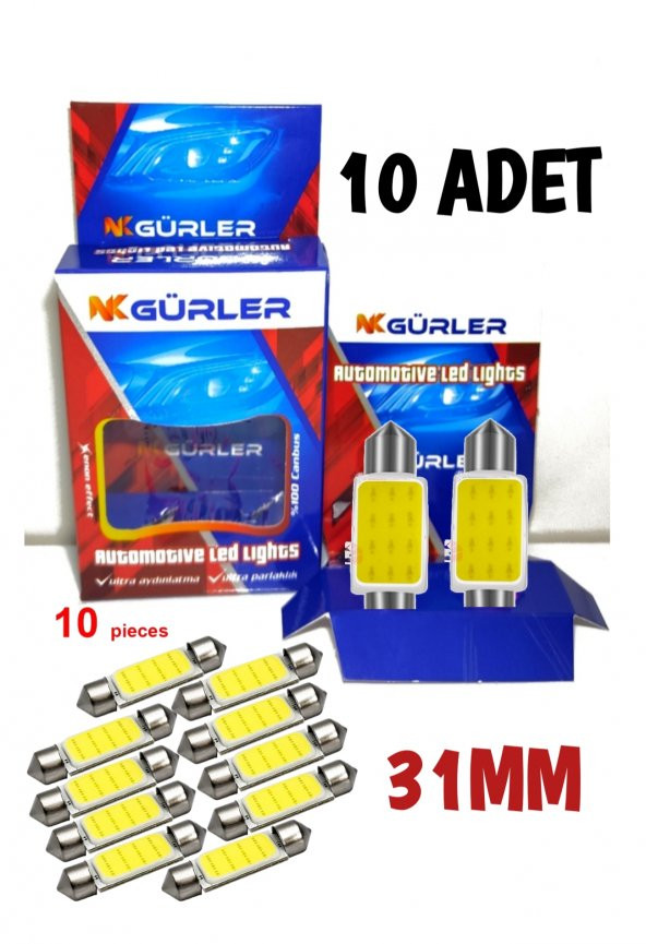 SOFİT COB LED AMPÜL 10 ADET 12V 31MM JAPON OTO TAVAN LED