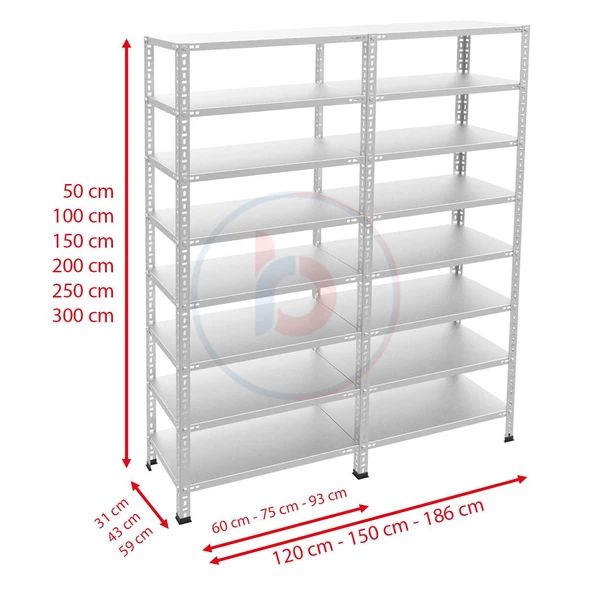 8 Katlı Duble Galvaniz Çelik Raf - Depo, Arşiv, Kiler, Dosya, Market Rafı  31x75 cm 250 cm 1.00 mm - Resim 2