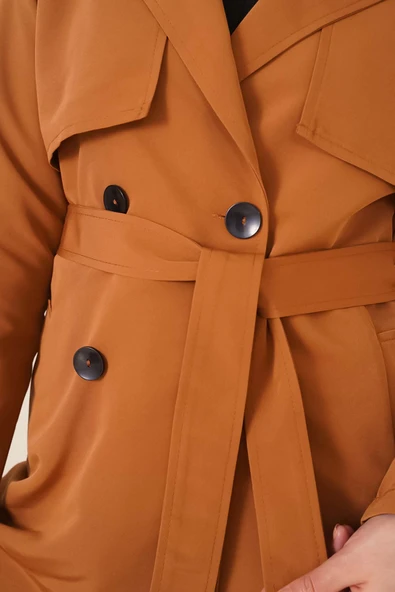 Kruvaze Yaka Kısa Trençkot Taba - Resim 4