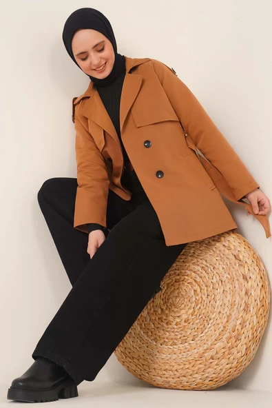 Kruvaze Yaka Kısa Trençkot Taba - Resim 2