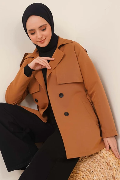 Kruvaze Yaka Kısa Trençkot Taba