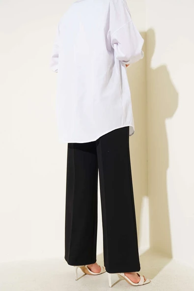 Kemerli Yüksek Bel Bol Paça Siyah Pantolon - Resim 3