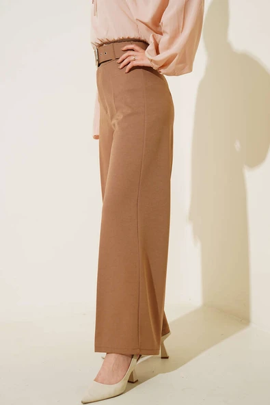 Yüksek Bel Kemerli Latte Pantolon - Resim 3