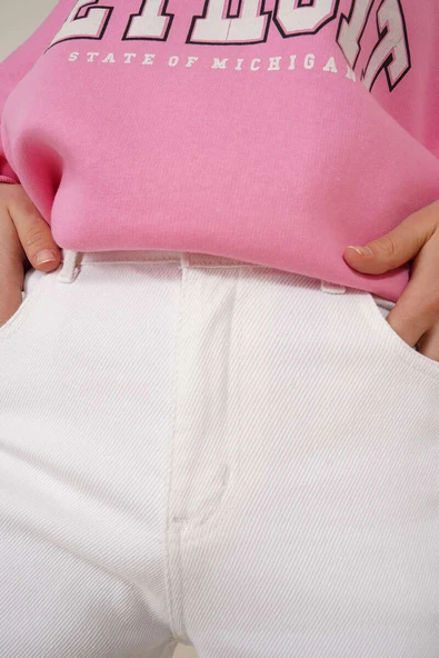 İspanyol Paça Yüksek Bel Beyaz Jean Pantolon - Resim 4