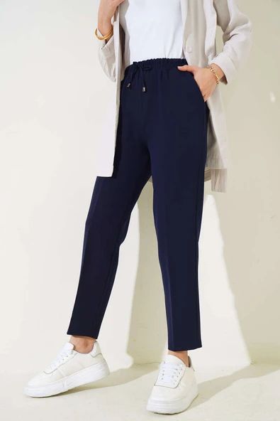 İp Detaylı Beli Lastikli Dar Paça Lacivert Pantolon - 2