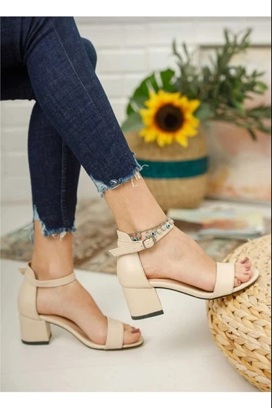 Moda Ayakkabı 0854 Cilt Krem 5Cm Topuklu Kadın Sandalet - 5