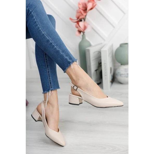 Moda Ayakkabı 0485 Cilt Krem Kadın 5Cm Topuklu Ayakkabı - 21