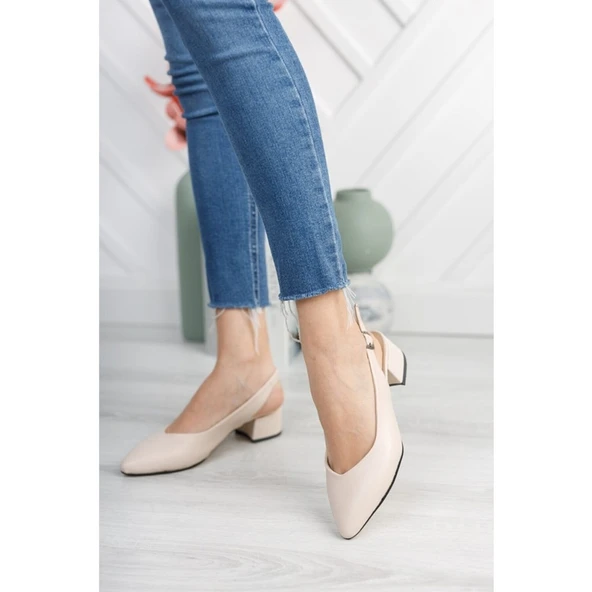 Moda Ayakkabı 0485 Cilt Krem Kadın 5Cm Topuklu Ayakkabı - 11