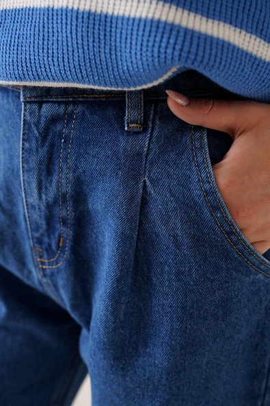 Paça Pensli Jean Pantolon Orta Mavi - Resim 4