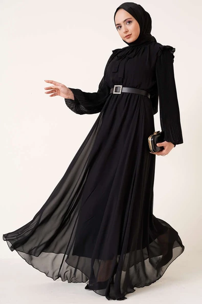 Kolları Piliseli Elbise Siyah ürün görseli 1