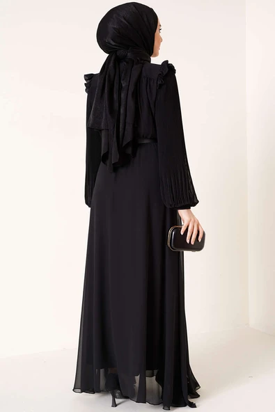 Kolları Piliseli Elbise Siyah - Resim 3