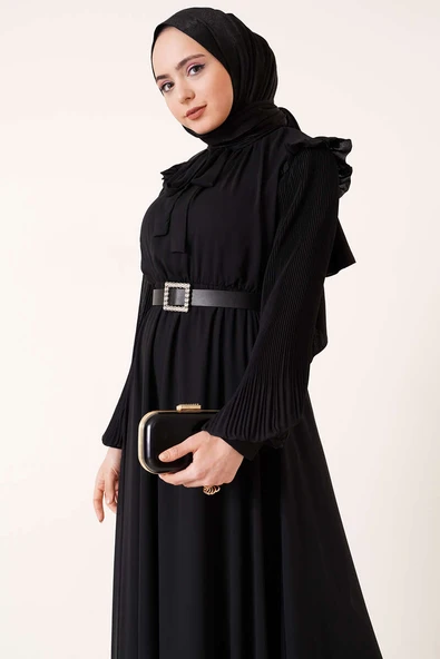 Kolları Piliseli Elbise Siyah - Resim 2