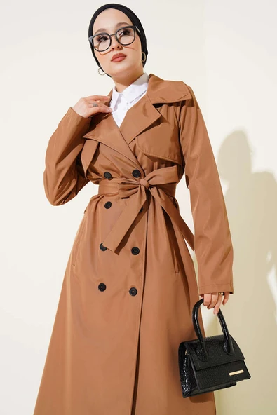 Düğmeli Trençkot Camel - Resim 2