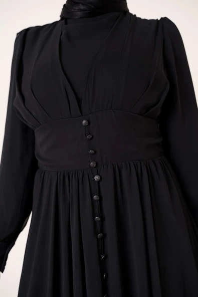 Düğme Süslemeli Şifon Elbise Siyah - Resim 4