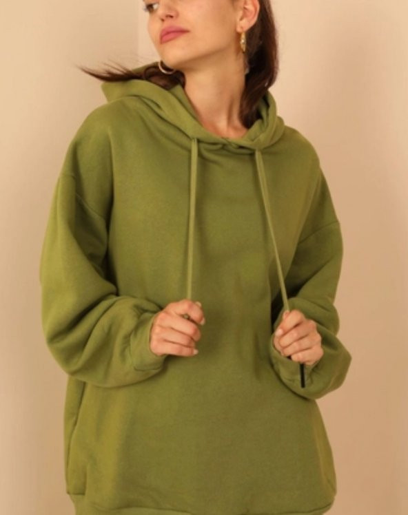 Şardonlu 3 İplik Basen Boy Kadın Kapüşonlu Sweatshirt Yeşil