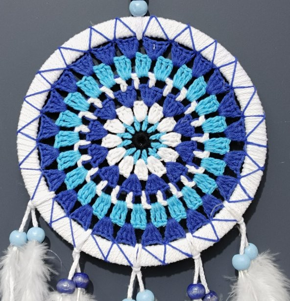 Nazar Boncuğu Desenli Bol Kuş Tüylü Beyaz Renk Dream Catcher El Yapımı Duvar Dekoru - 3