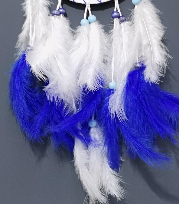 Nazar Boncuğu Desenli Bol Kuş Tüylü Beyaz Renk Dream Catcher El Yapımı Duvar Dekoru - 4